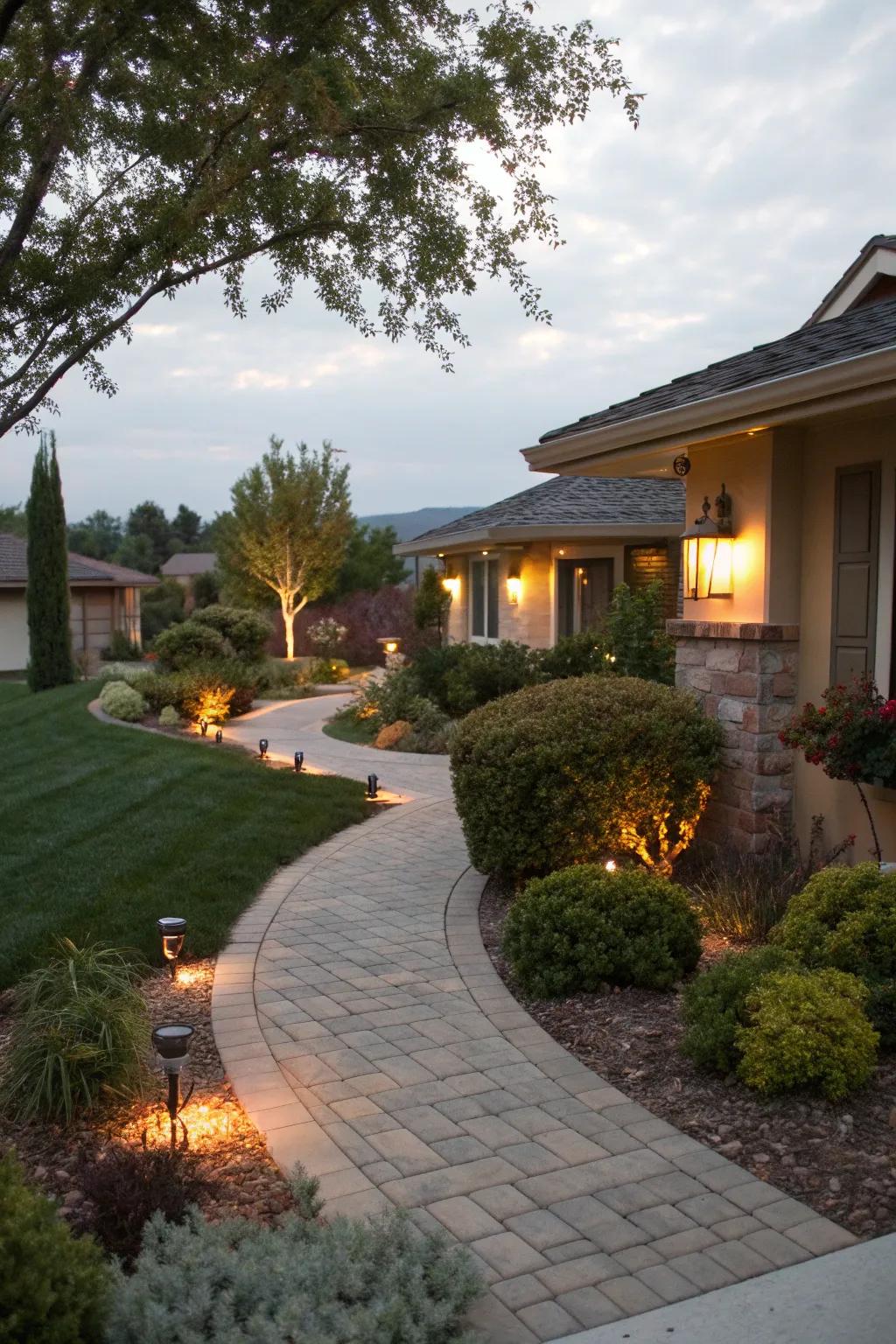 Landscape lighting enhancing ambiance in a Zone 6 front yard.