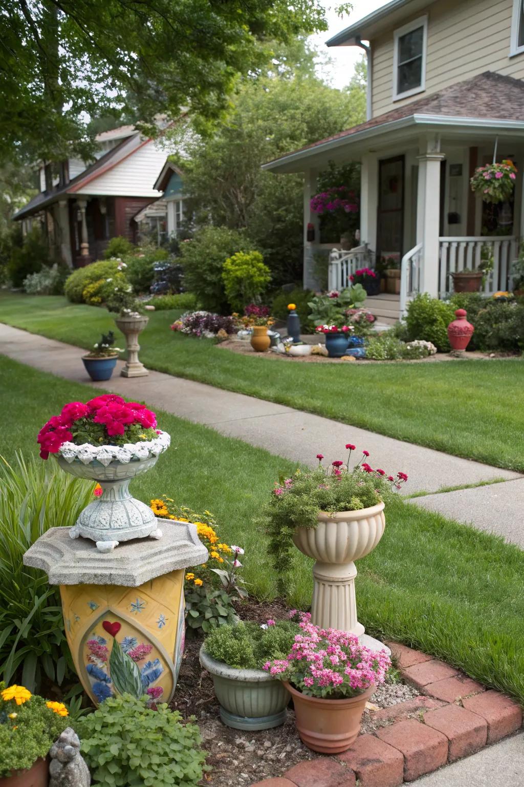 Art pieces adding a unique and personal touch to a front yard.