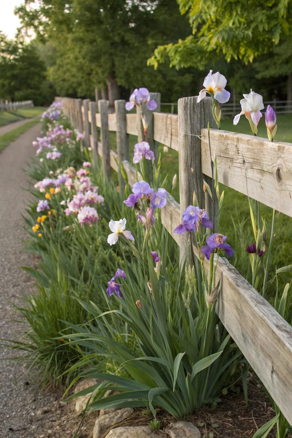 A rustic fence complemented by vibrant irises.