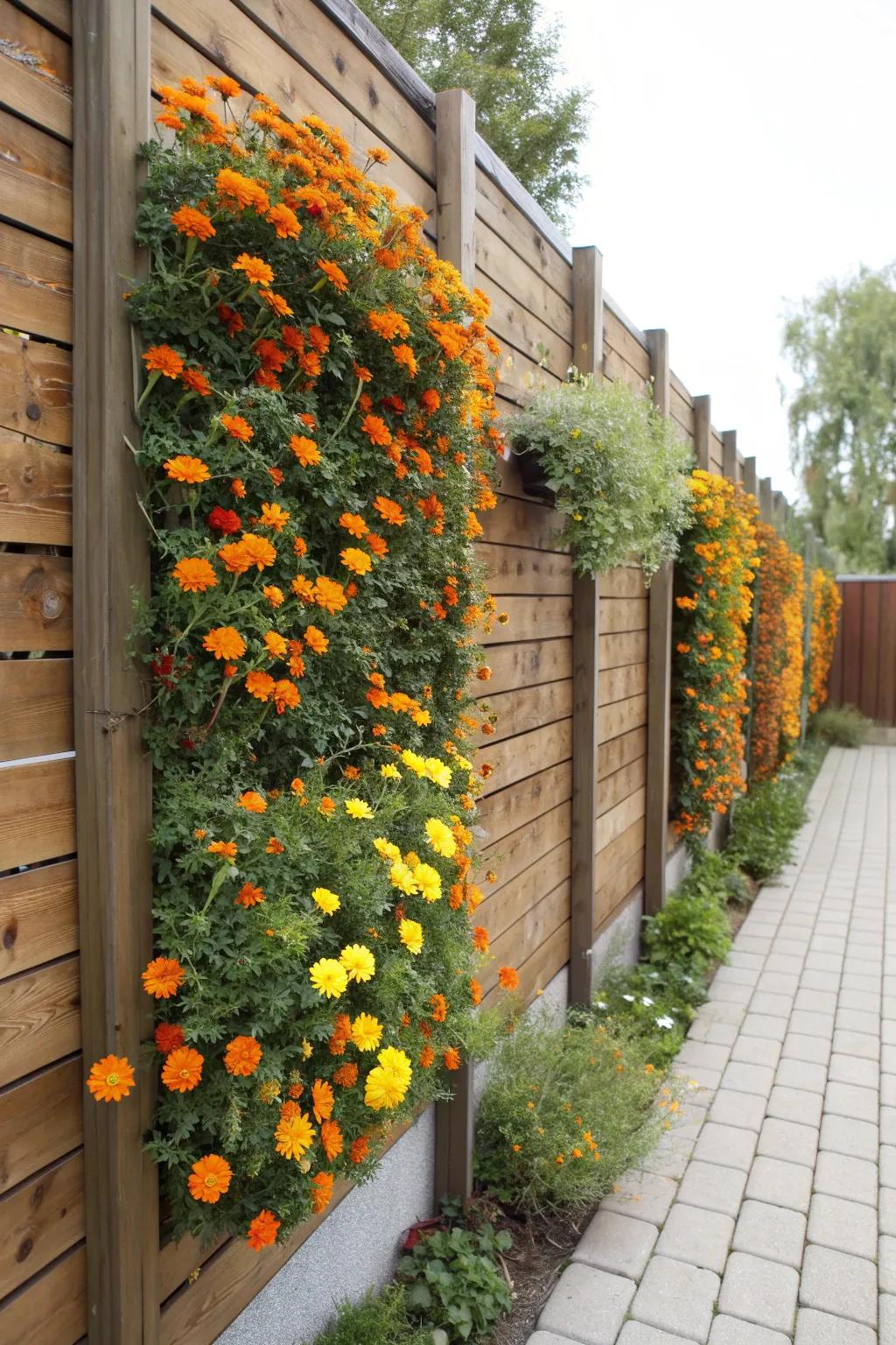 Vertical marigold gardens maximize small spaces with color.