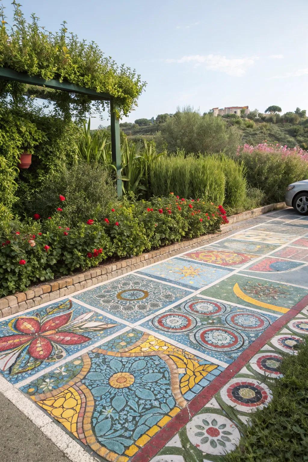 Mosaic tile parking pad turning the space into an artistic masterpiece.