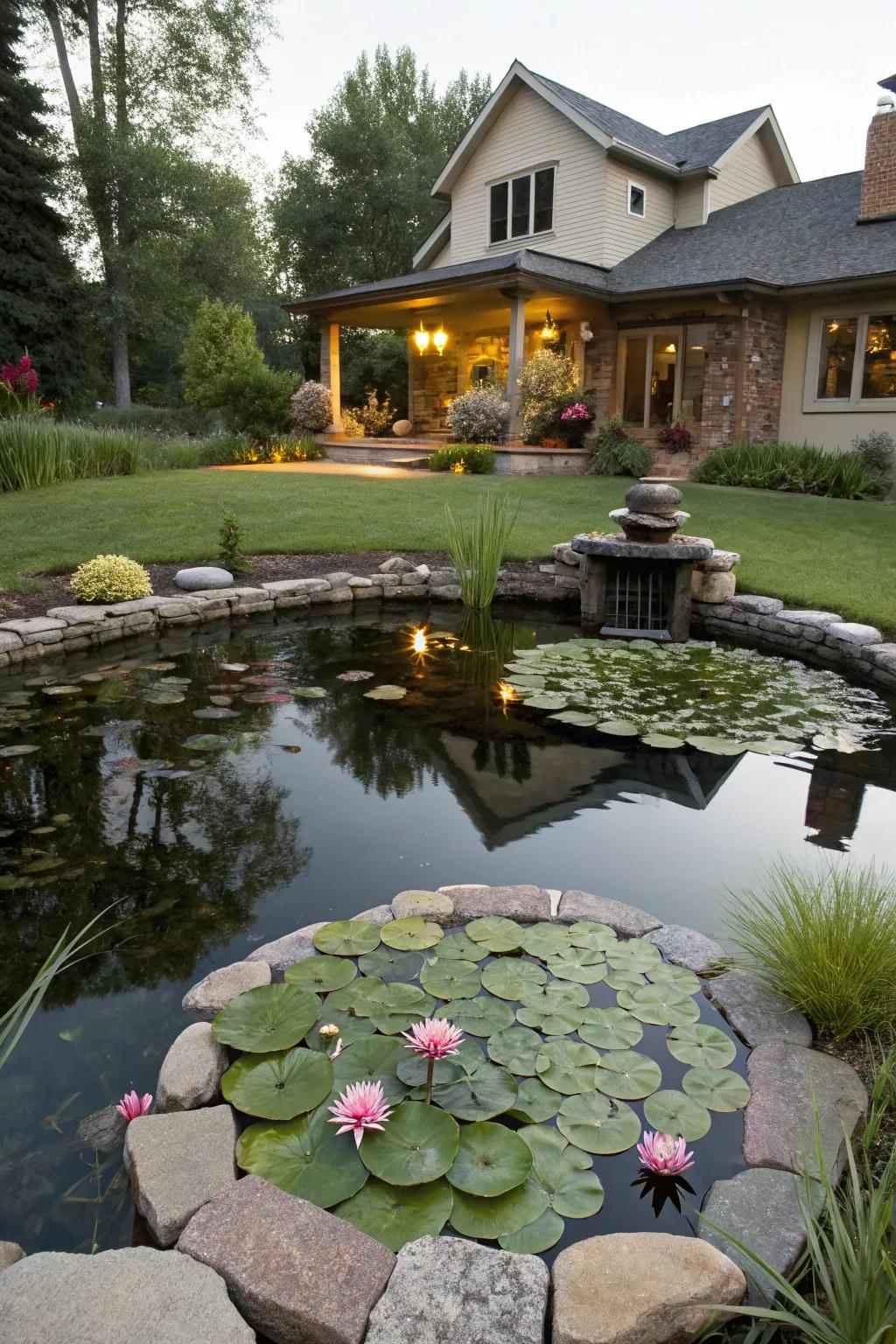 A floating pond adds a whimsical focal point.