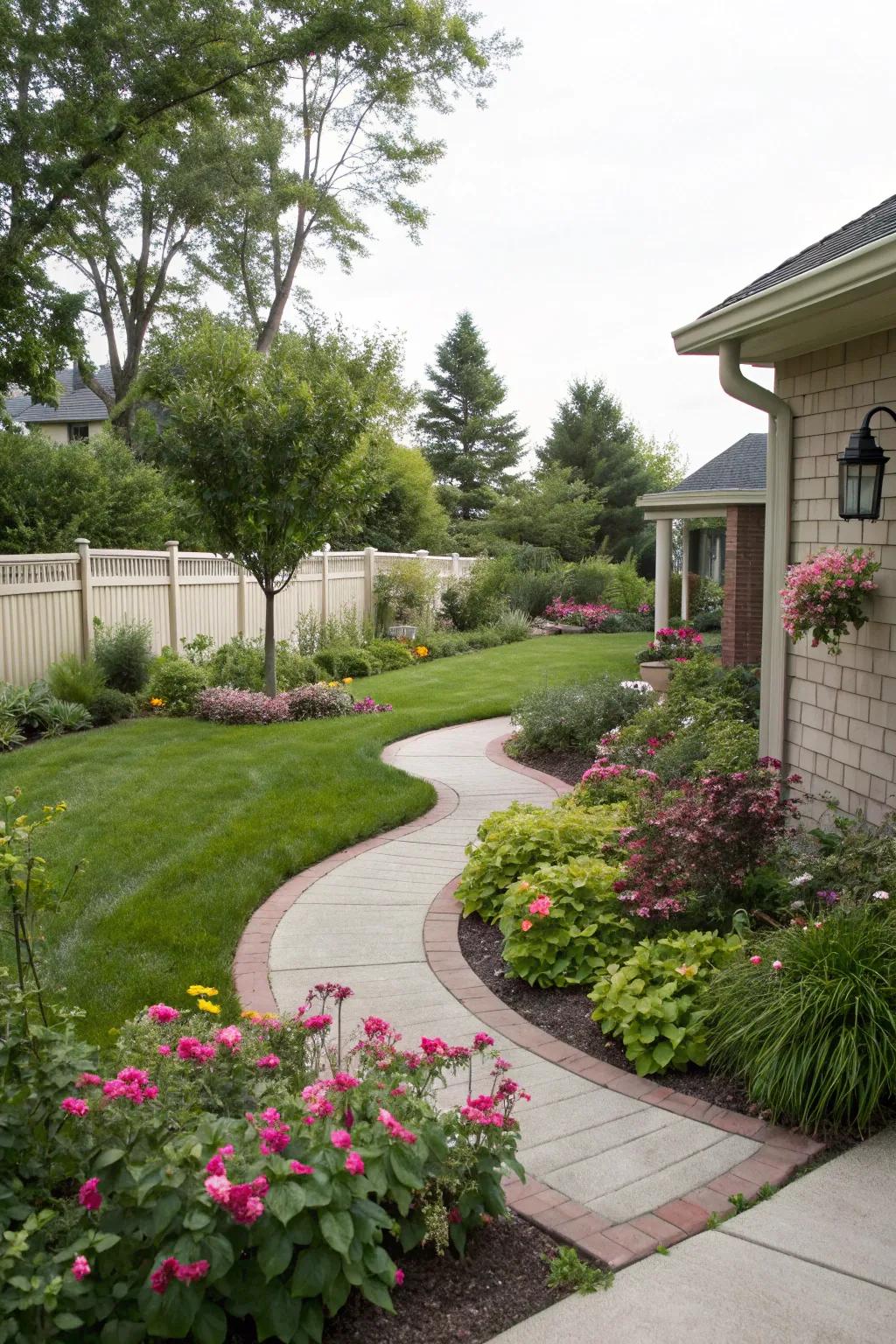 Curved paths with planting enhance privacy.