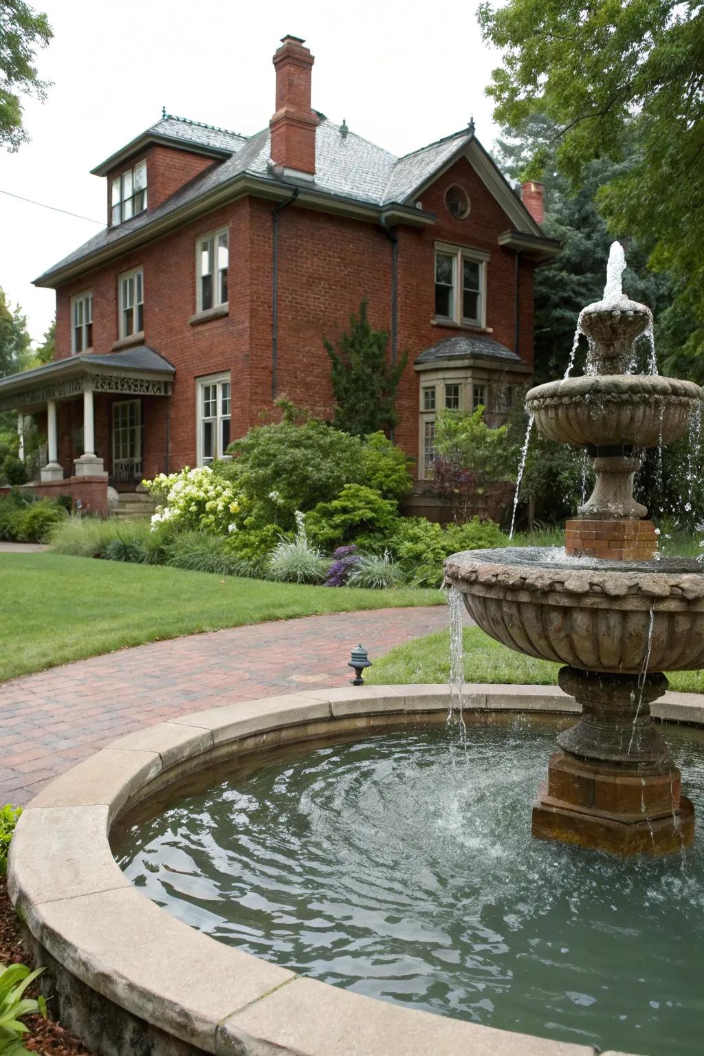 A water feature brings tranquility to this front yard.