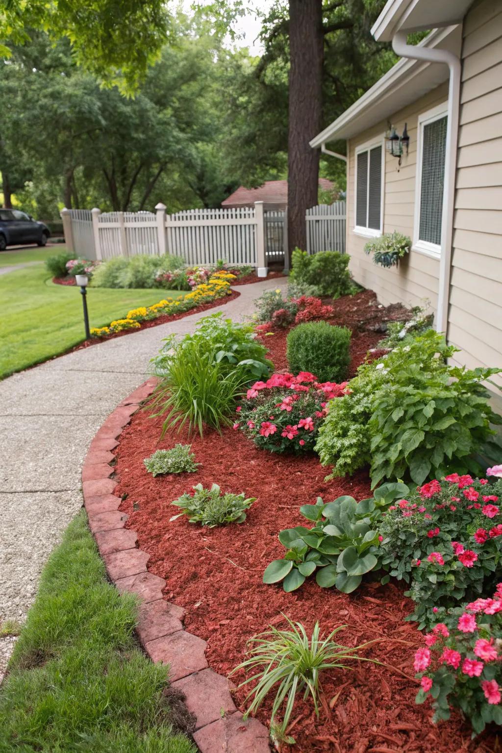 Dynamic front yard with red mulch and vibrant seasonal plants.
