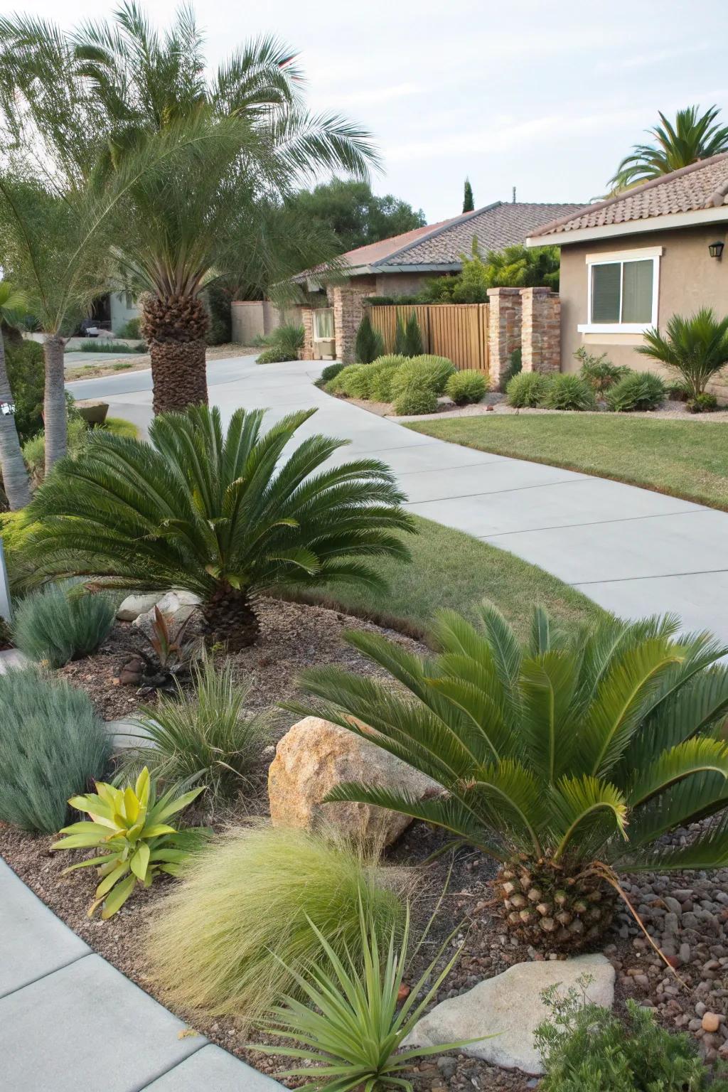 Sustainable landscaping with sago palms and drought-tolerant plants.