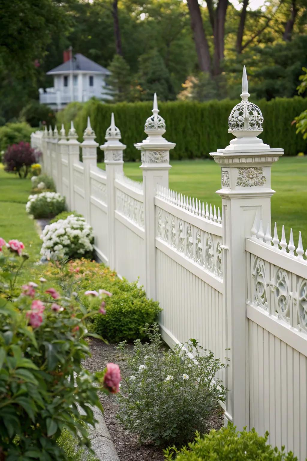 Decorative finials adding a sophisticated touch to a vinyl fence.