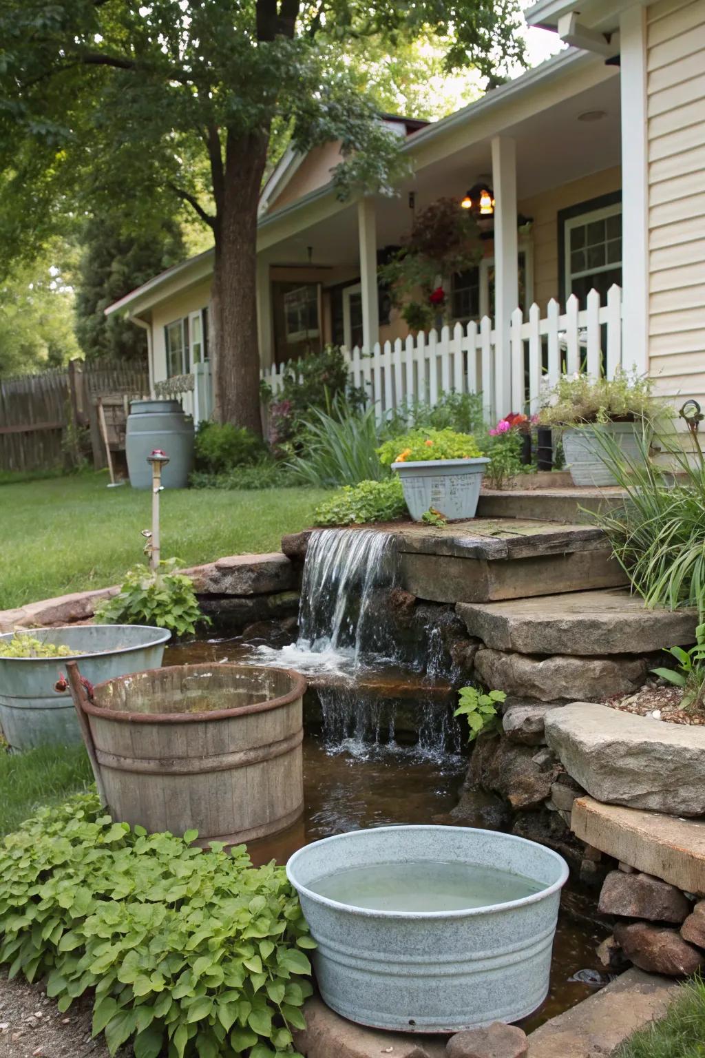 Repurposed containers add unique character to your waterfall.