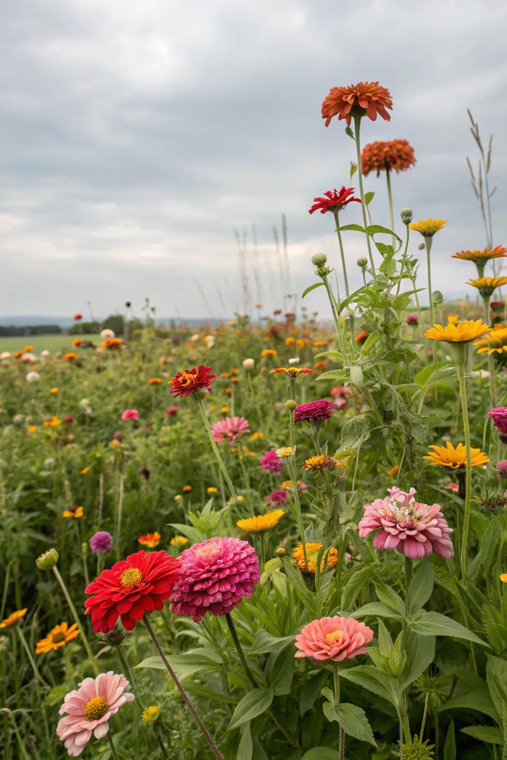 Wildflowers and zinnias create a carefree, natural garden vibe.