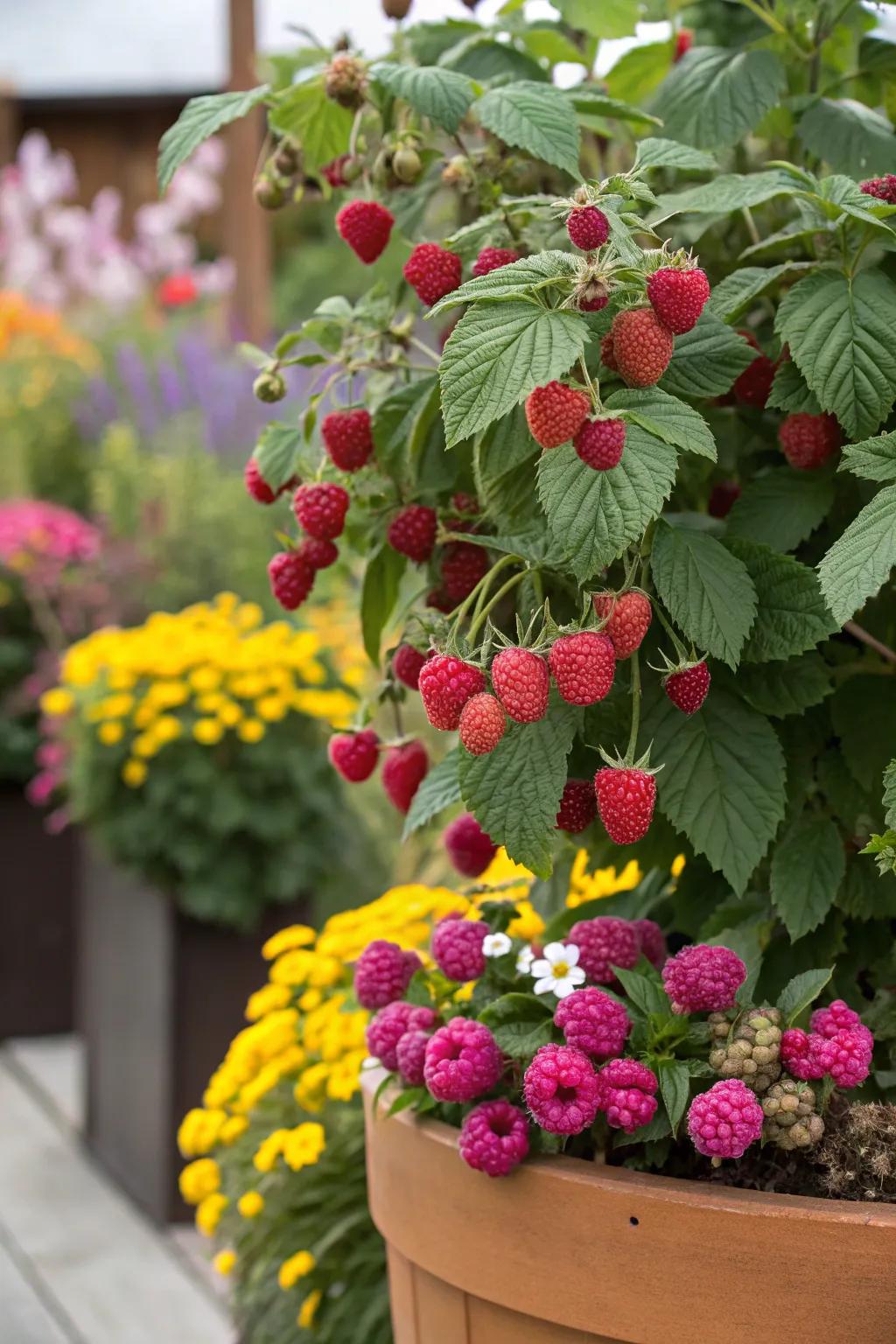 Raspberry bushes as a seasonal centerpiece offer stunning garden appeal.