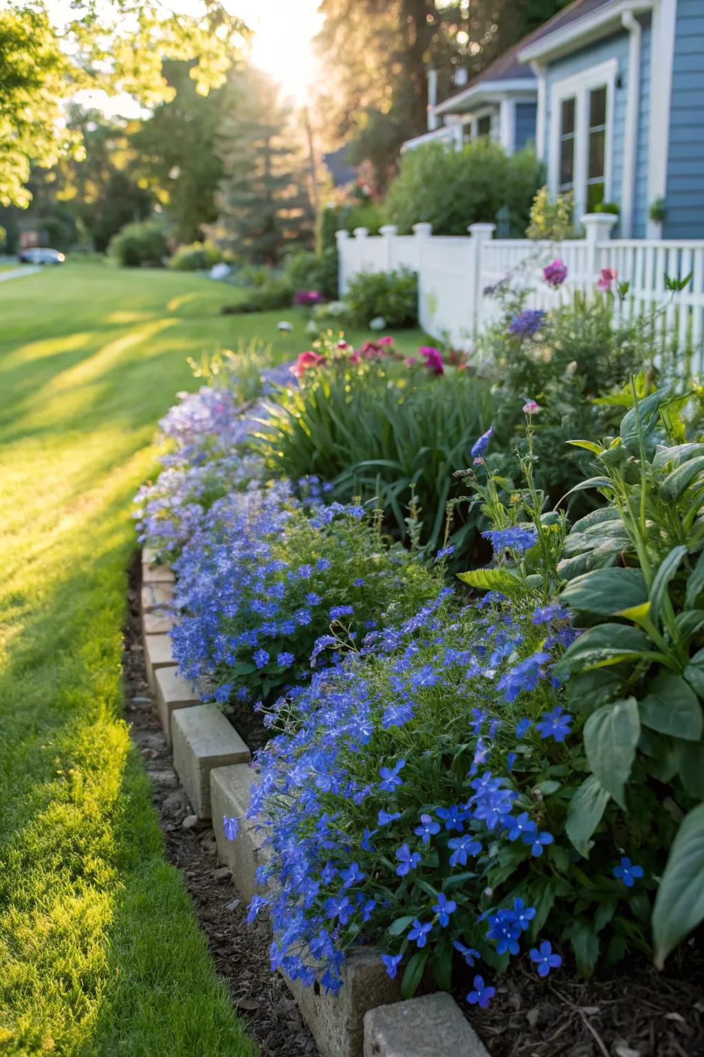 Lobelia provides a vibrant blue edging for this flower bed.