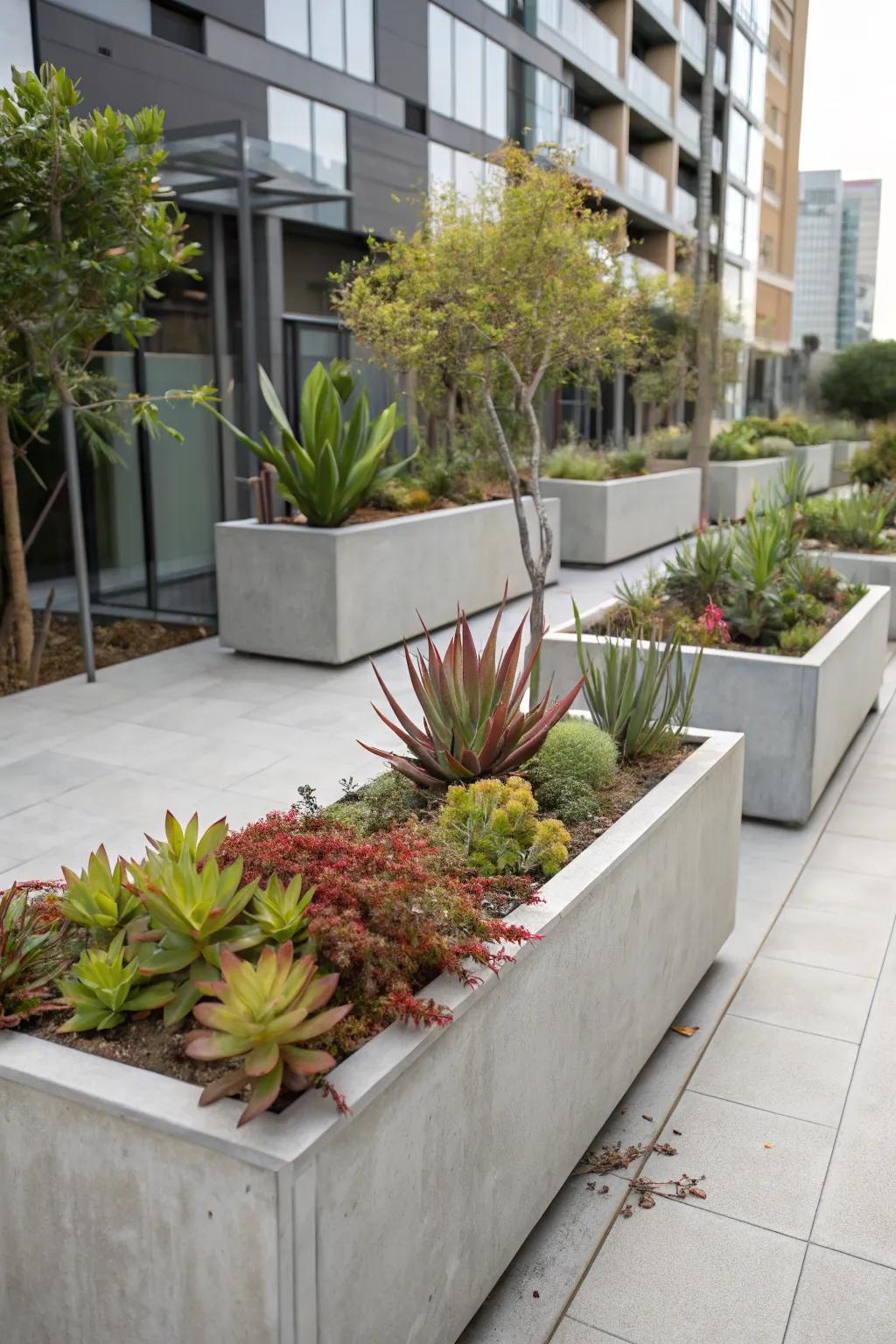 Concrete planters offer a modern touch to sunny urban gardens with bold plants.