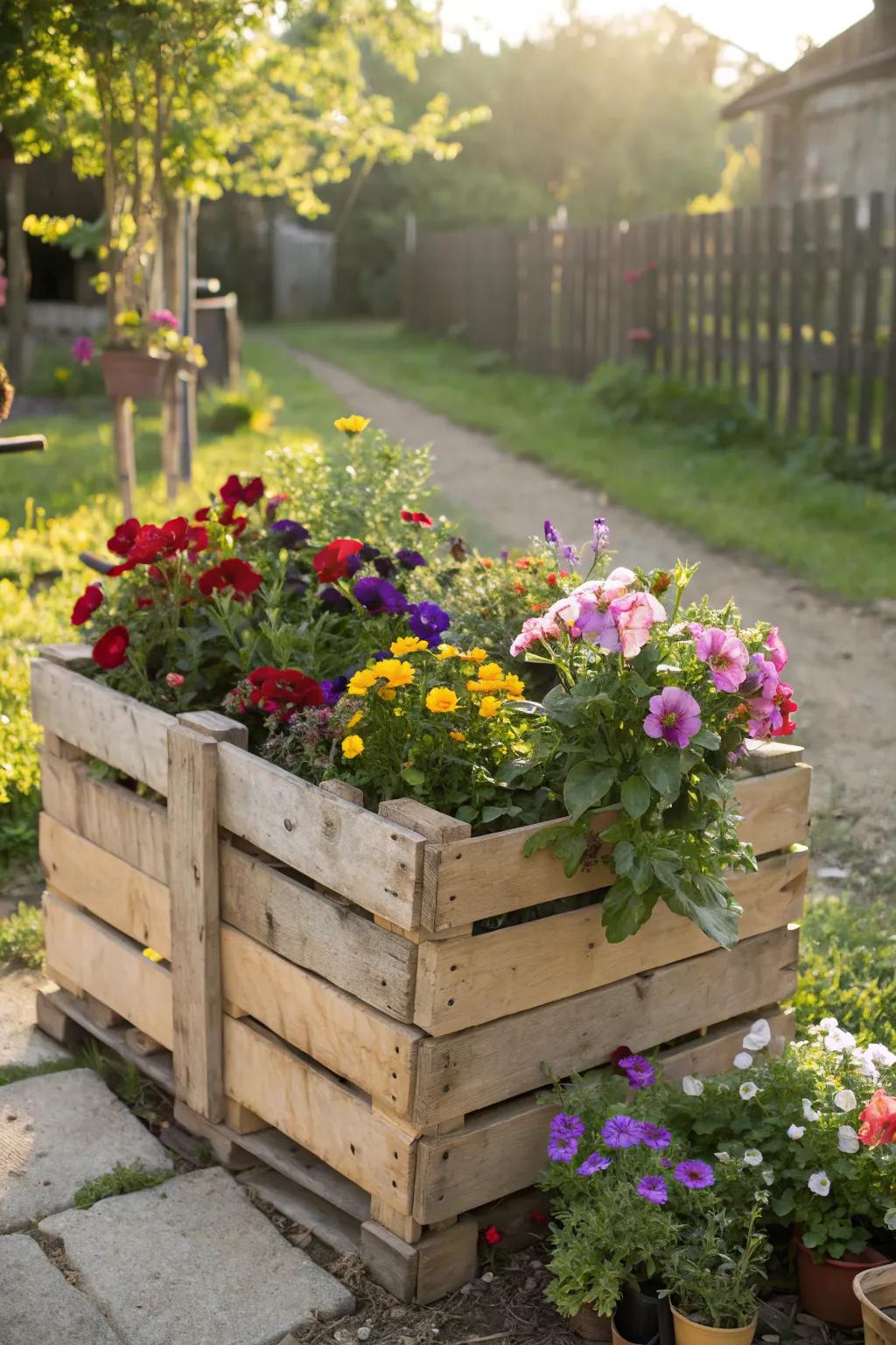 A DIY pallet planter with vibrant blooms