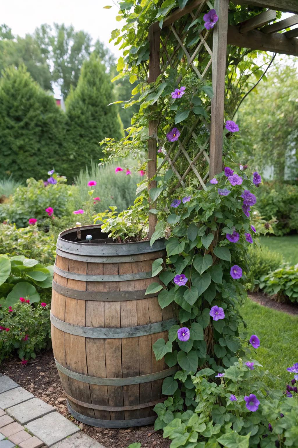 A vertical garden with climbing vines in a whiskey barrel.