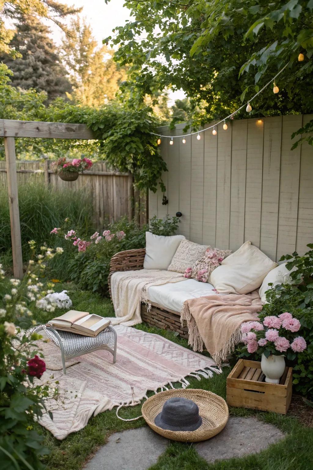 Find peace in a cozy backyard relaxation nook.