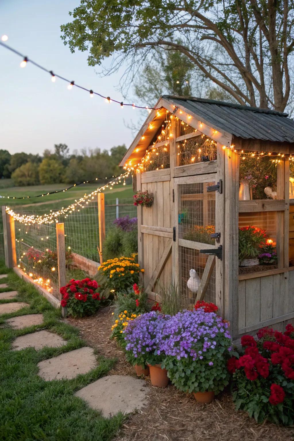 An enchanted garden-themed chicken coop with flowers and fairy lights.