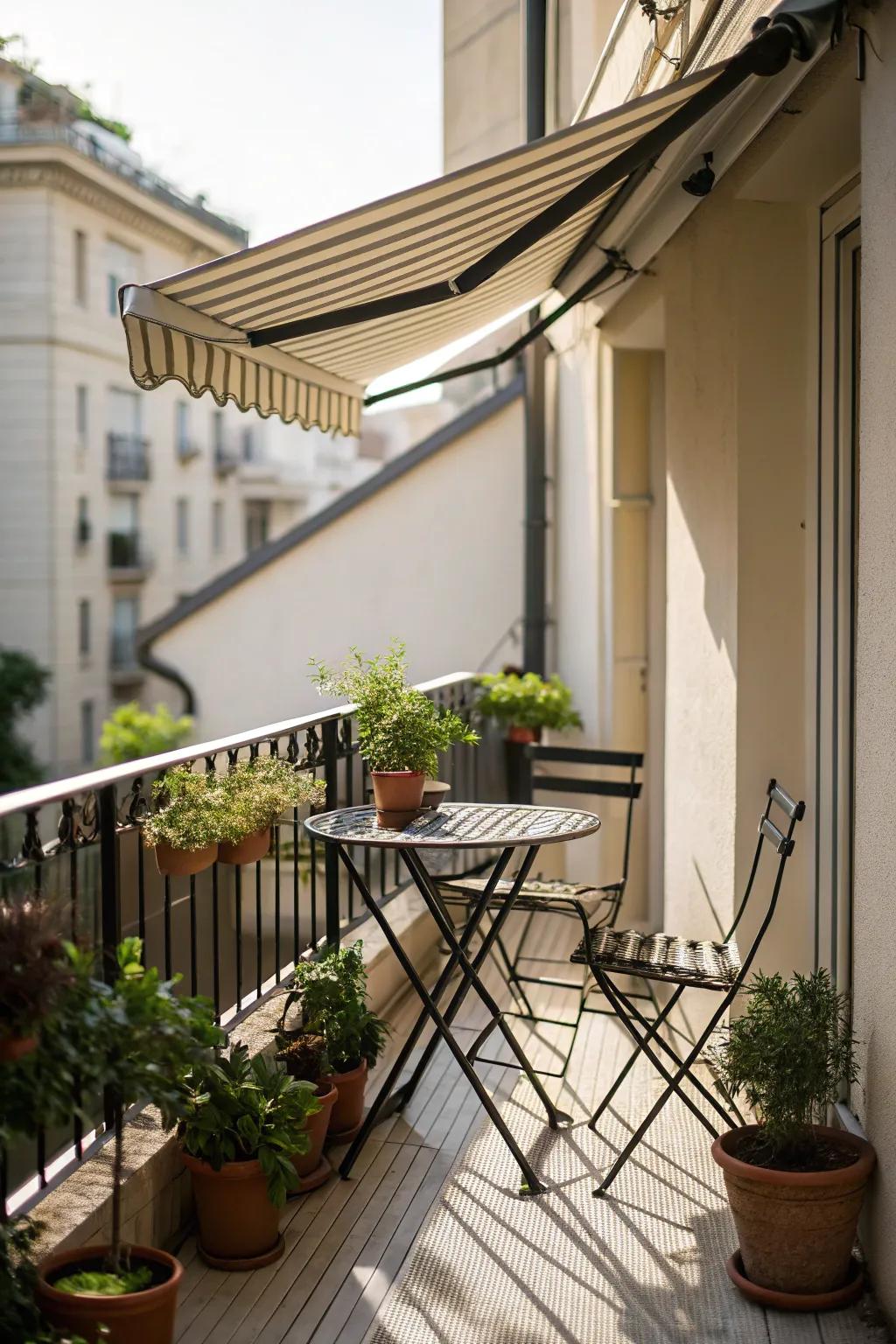 A retractable awning adds comfort and privacy to small balconies.