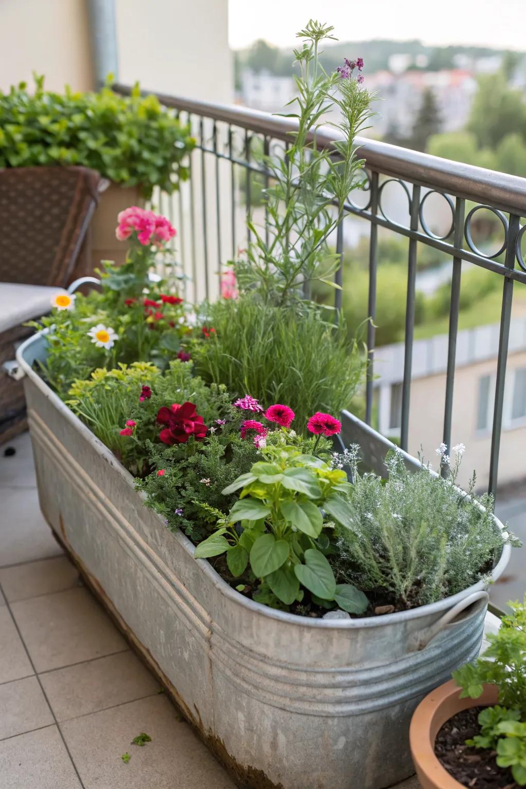 A lush balcony garden created with a small galvanized trough, ideal for urban spaces.