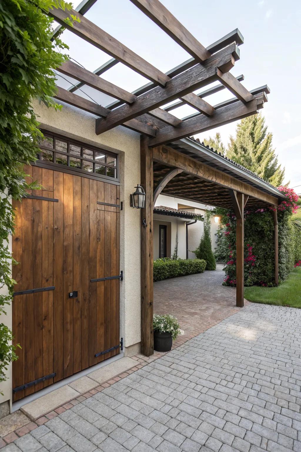 A pergola with mixed materials for added texture and interest.