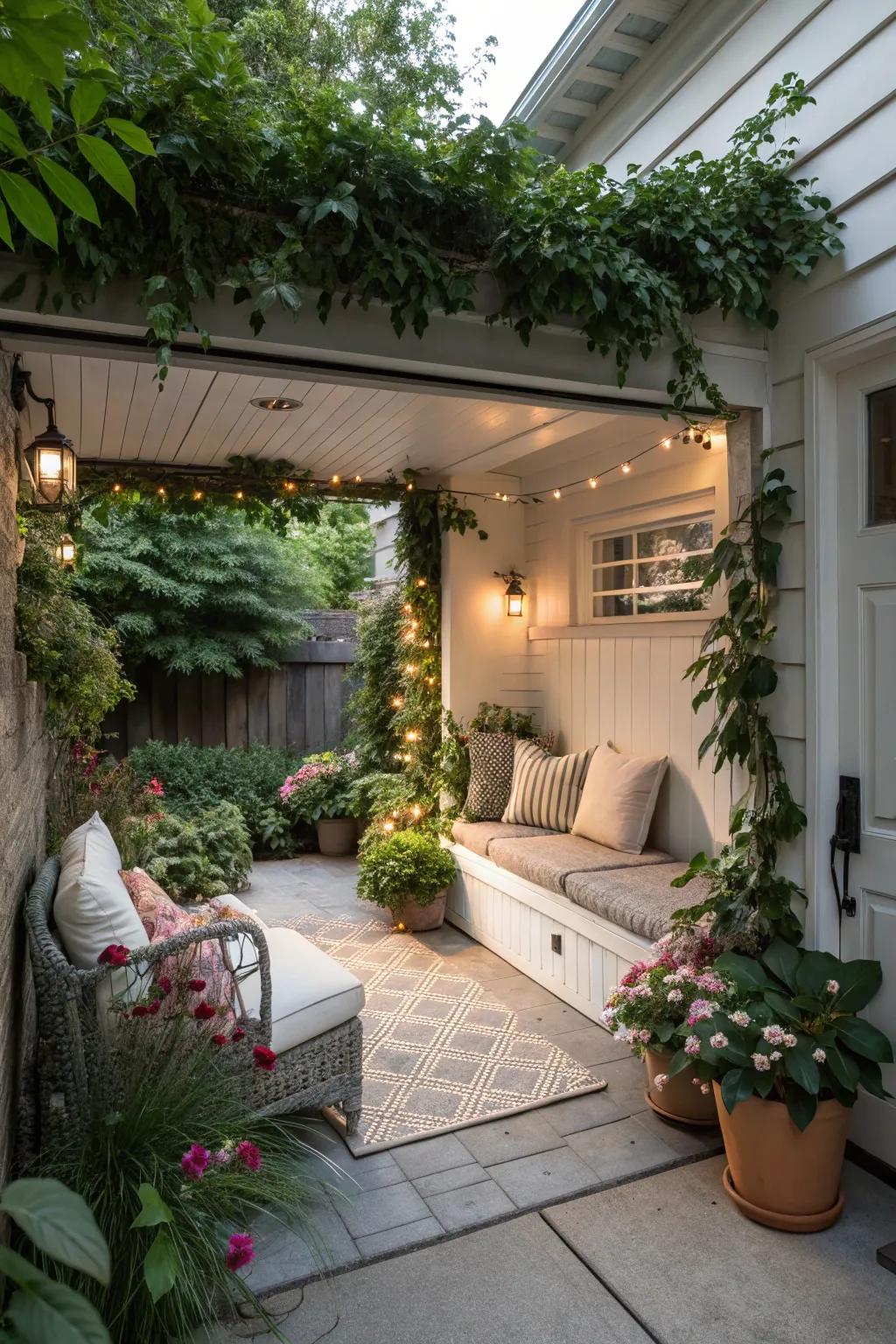 A hidden garden nook adding enchantment to a garage patio.