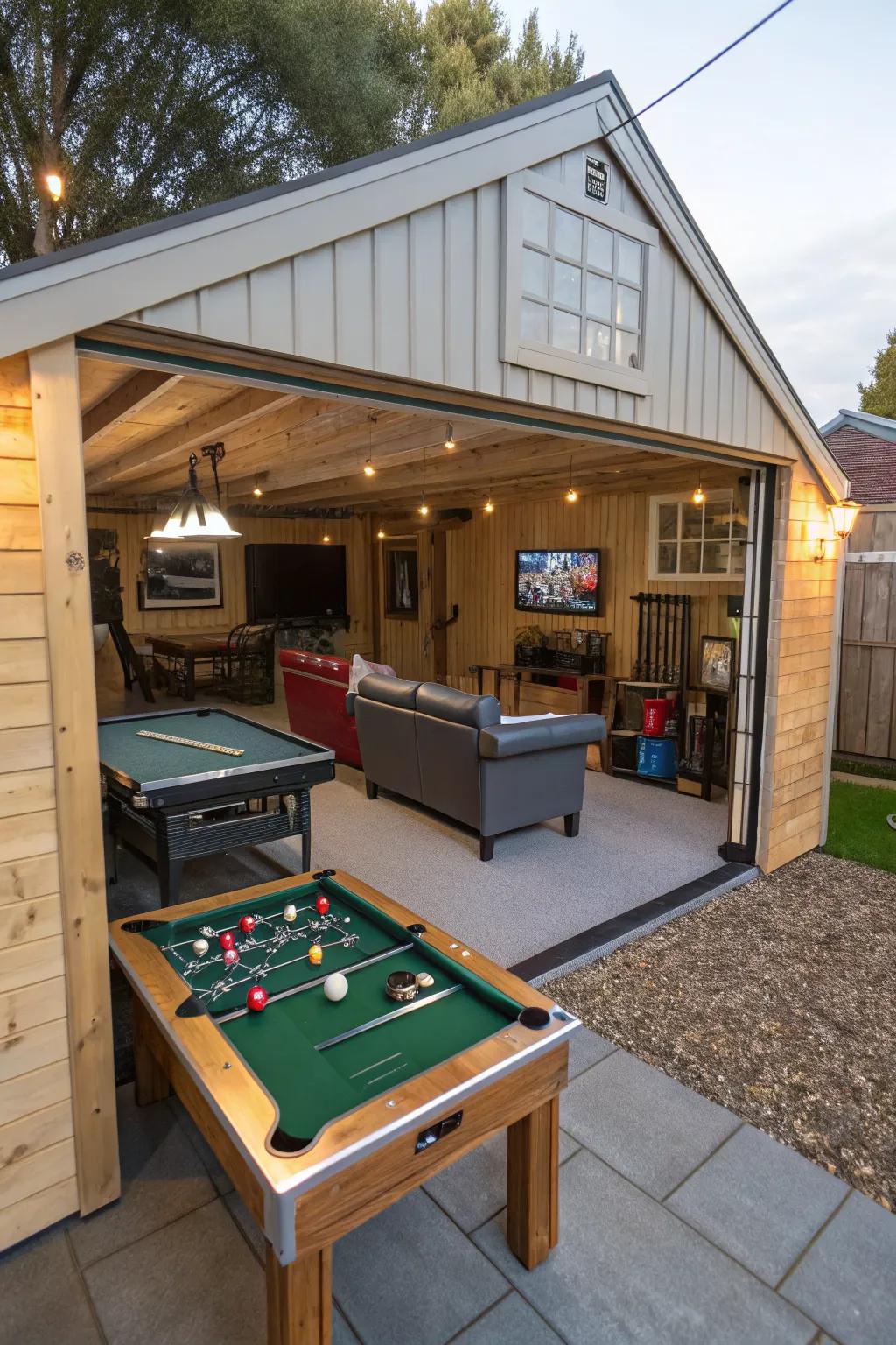 An entertaining game room inside a garage shed.