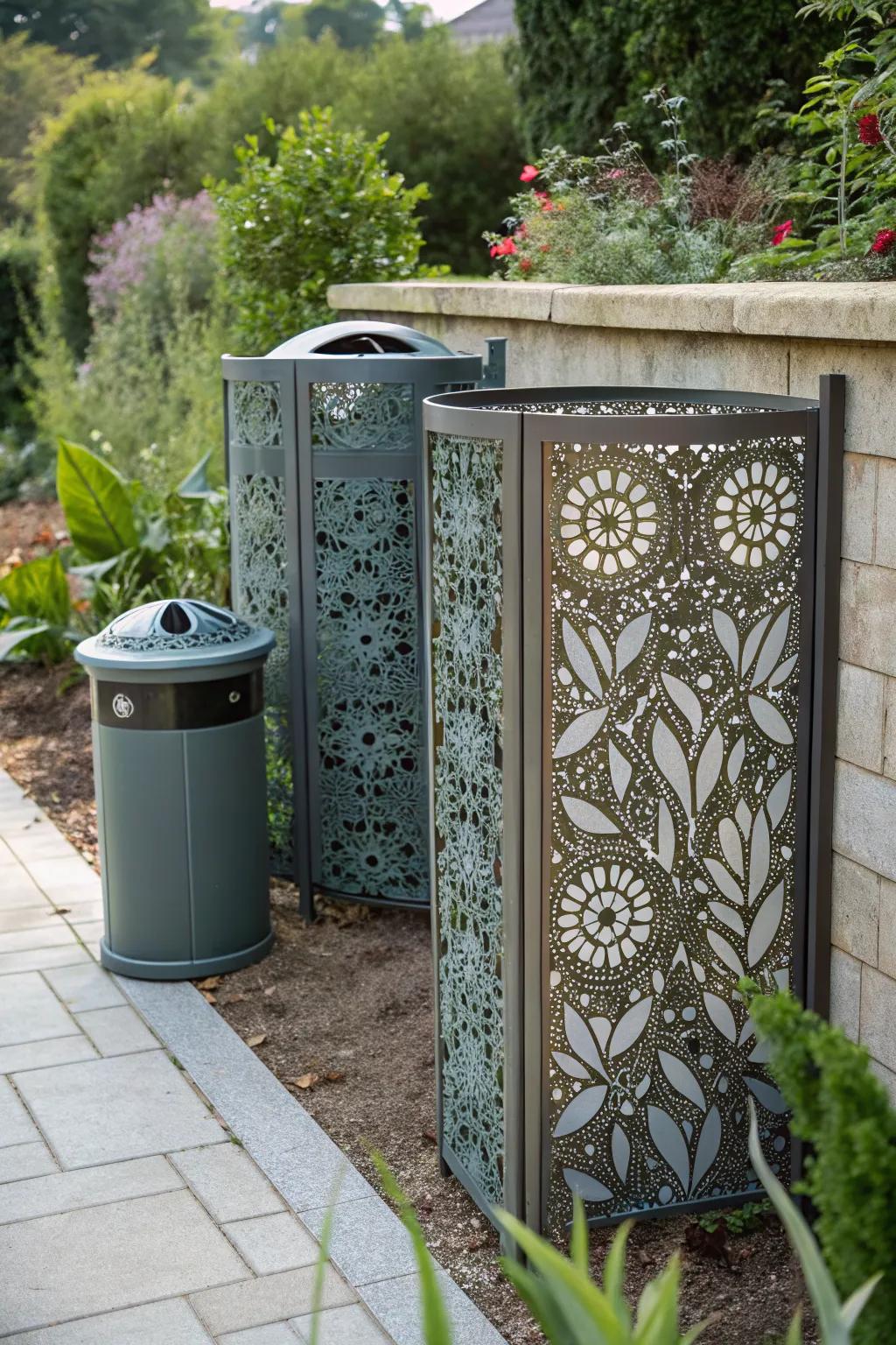 Artistic metal screens offer a unique and decorative solution for concealing trash bins.
