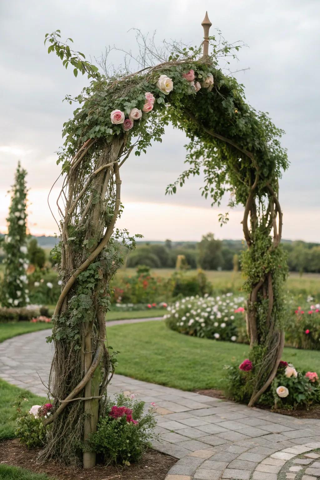 A whimsical garden arch wrapped in enchanting vines.