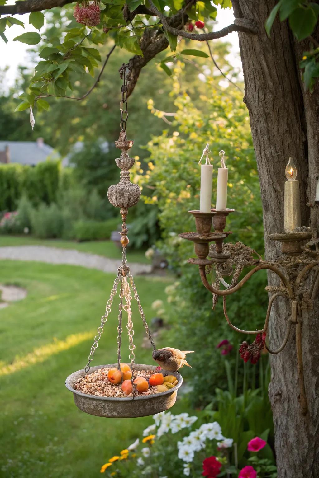 Invite birds with a chandelier feeder.