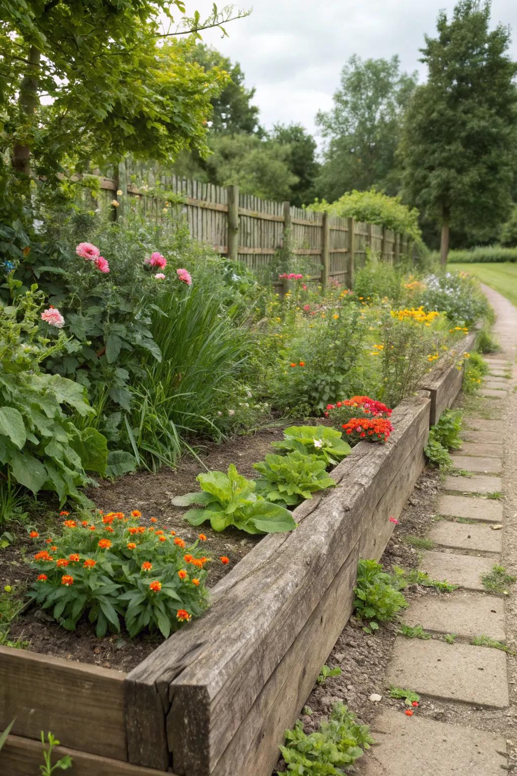 Railway sleepers create a sturdy, rustic border.