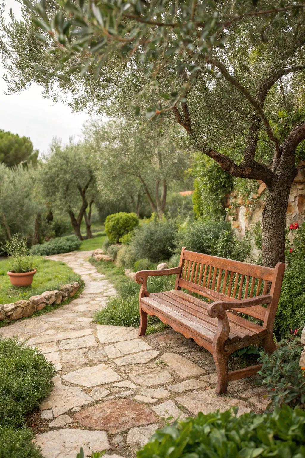 A terracotta bench adds warmth and earthiness to a Mediterranean garden.