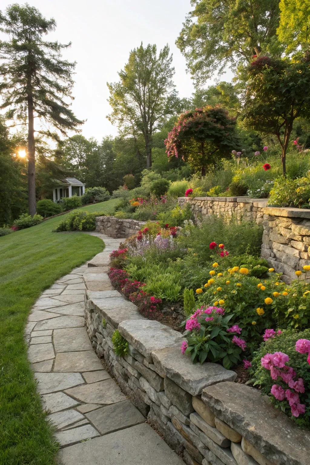 Layered stone walls add texture and character to garden borders.