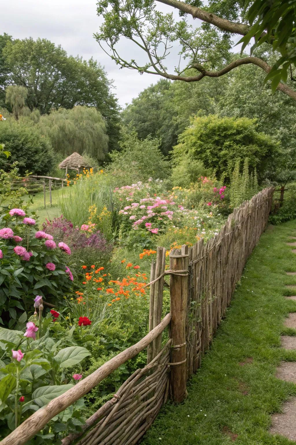 A mixed branch and reed fence introduces texture to garden landscapes.