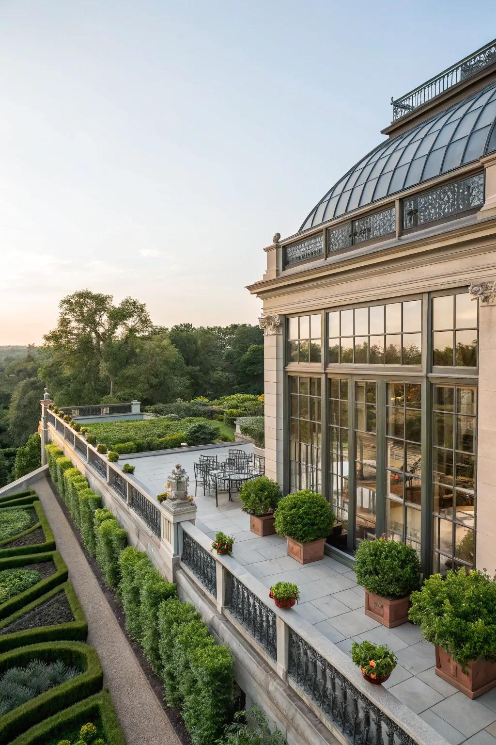 A garden building featuring a rooftop terrace with stunning garden views.