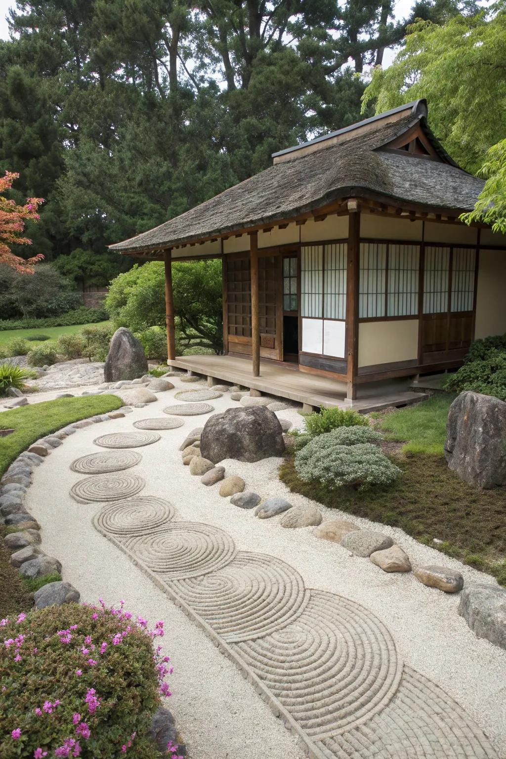 A Zen garden adds tranquility to this serene bungalow landscape.