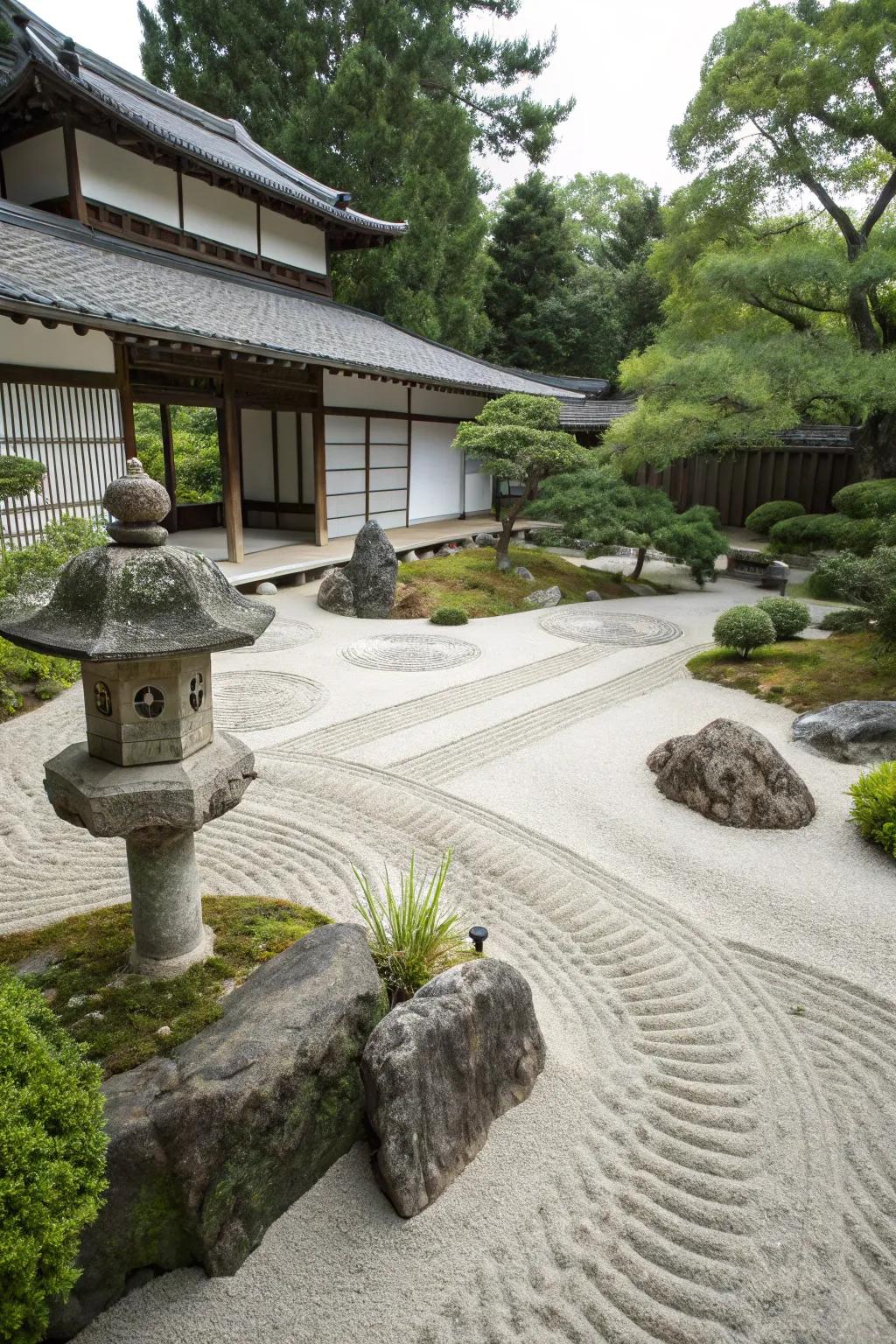 A Zen garden offers a peaceful retreat.
