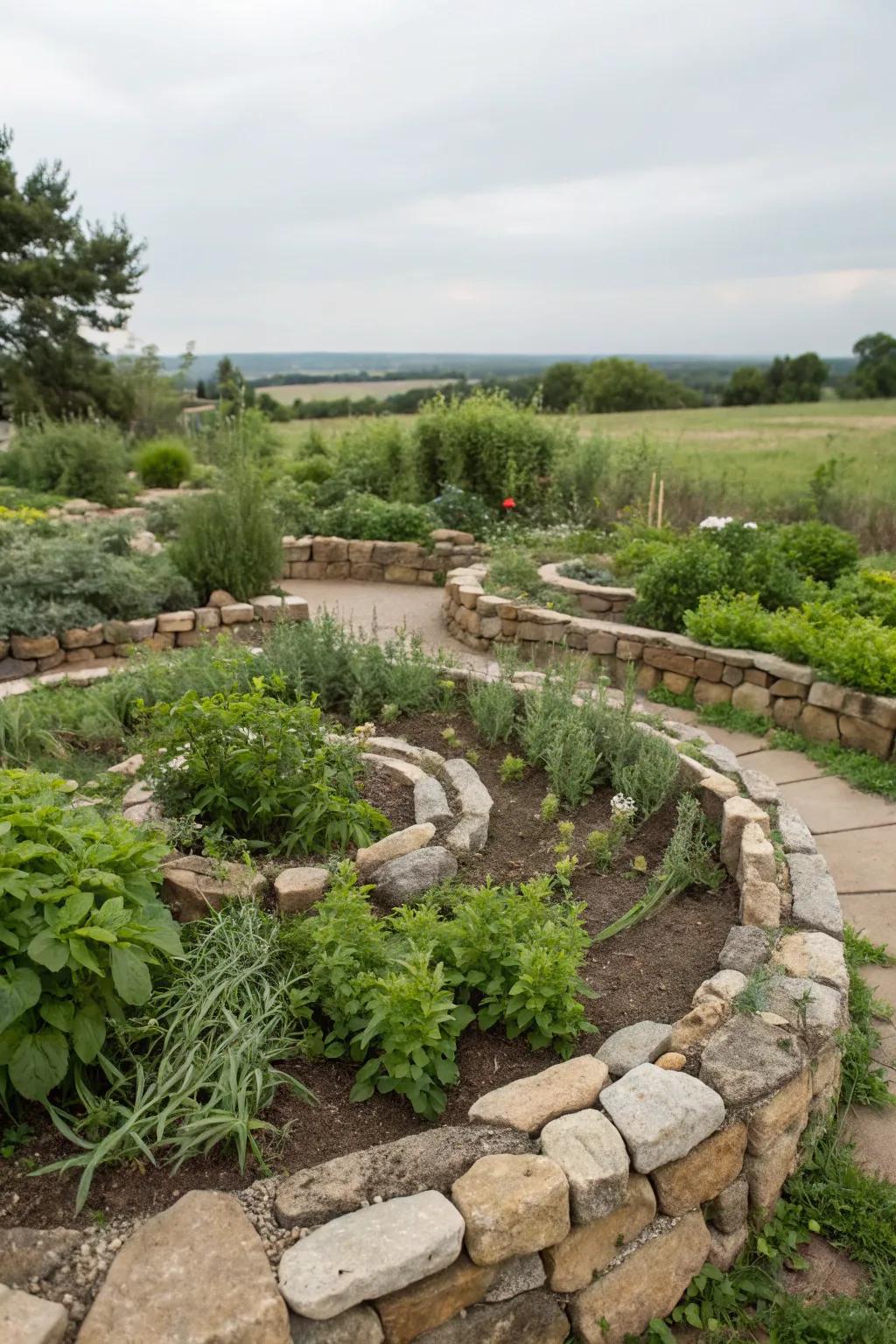 A herb spiral garden with stones elegantly defining its circular design.