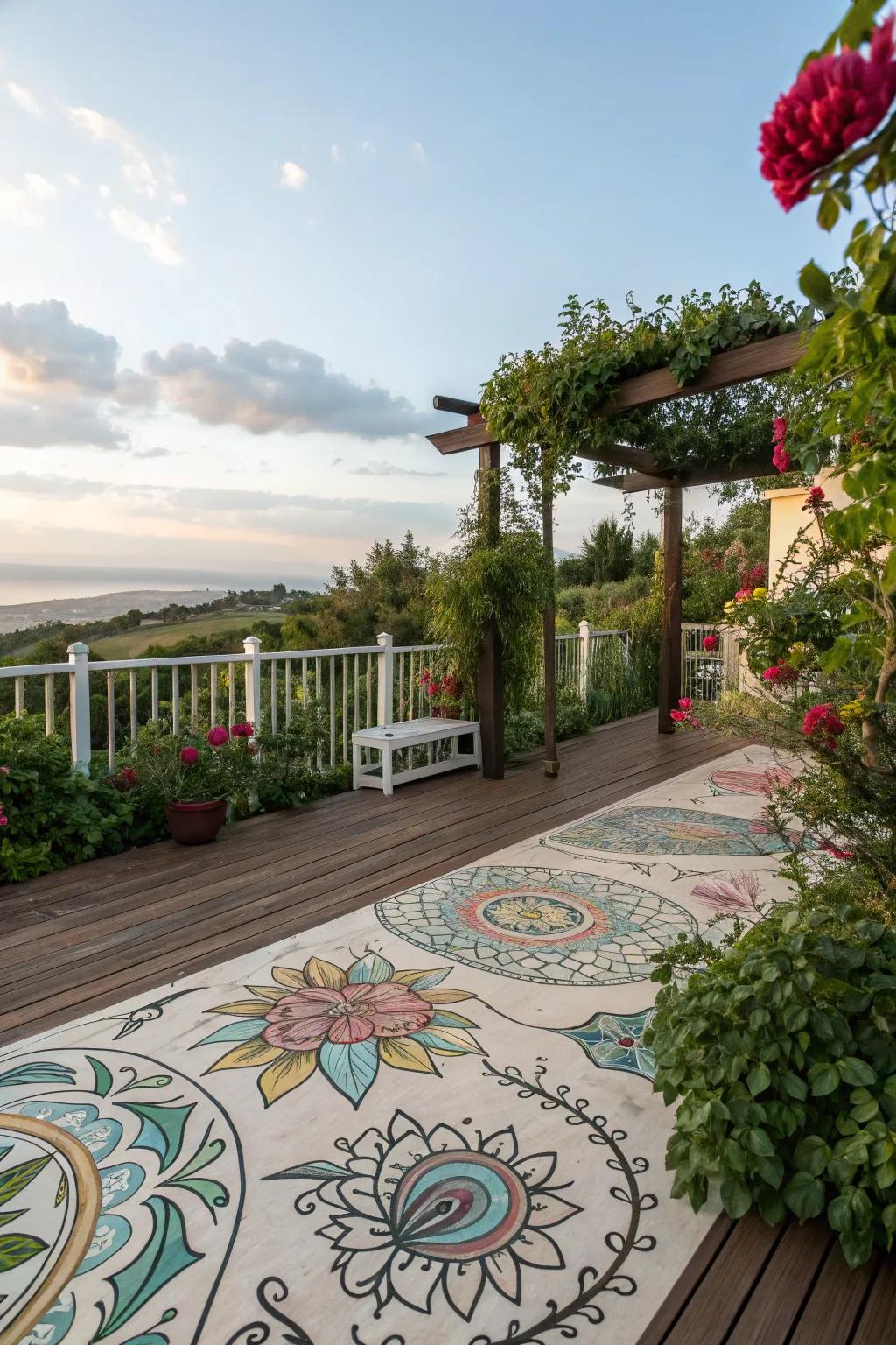 A creatively designed deck with artistic painted patterns.