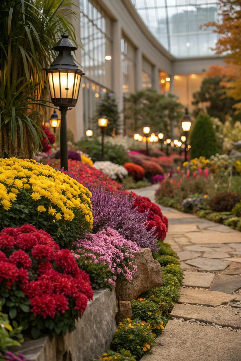 A painterly garden display combining colors and textures.