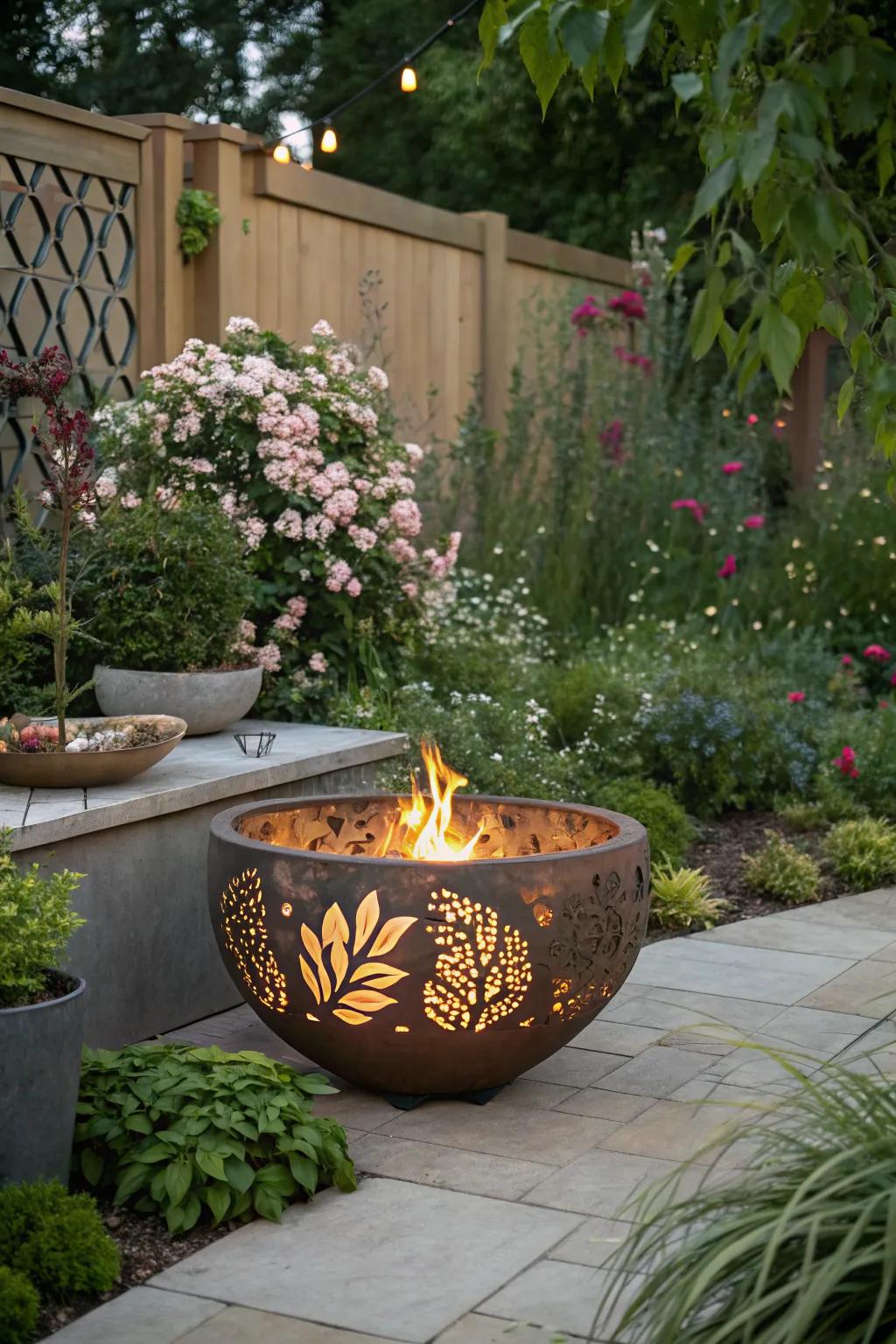 A custom artistic fire pit serves as a stunning centerpiece.