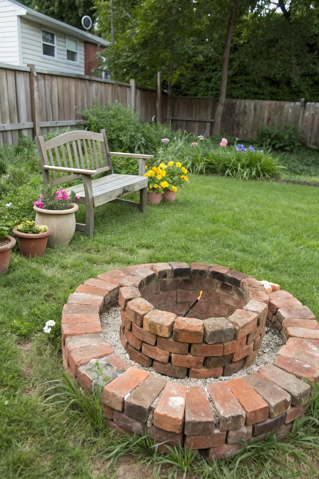 A DIY brick firepit adds personal charm and creativity.