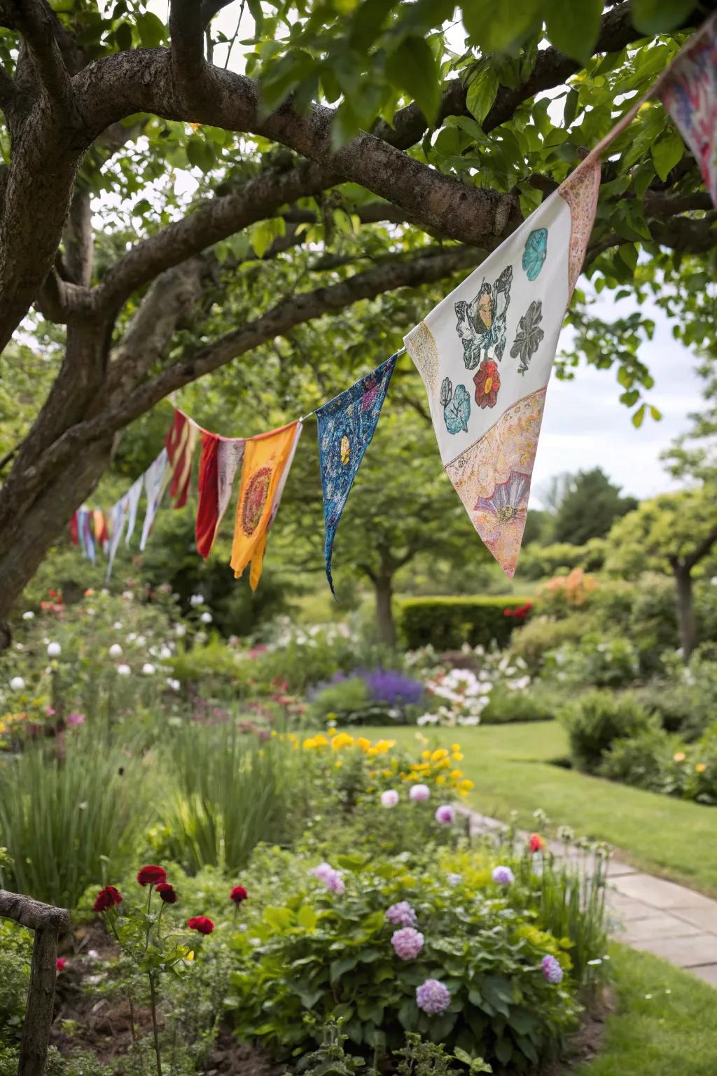 Hanging flags from tree branches adds a natural, whimsical element to your garden.