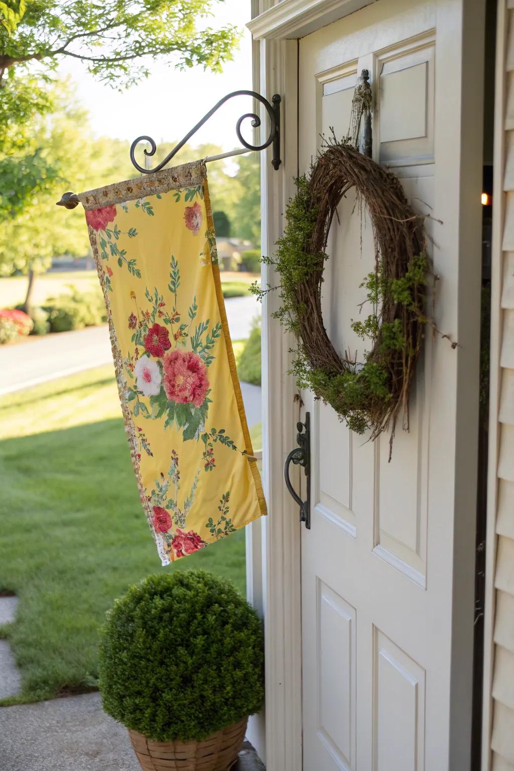 Flag displayed on a front door wreath hanger