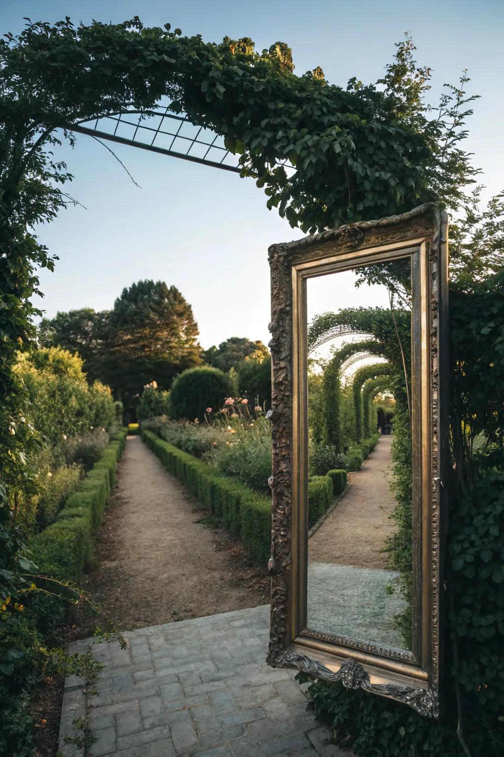 Reflective mirrors add depth and intrigue to garden spaces.