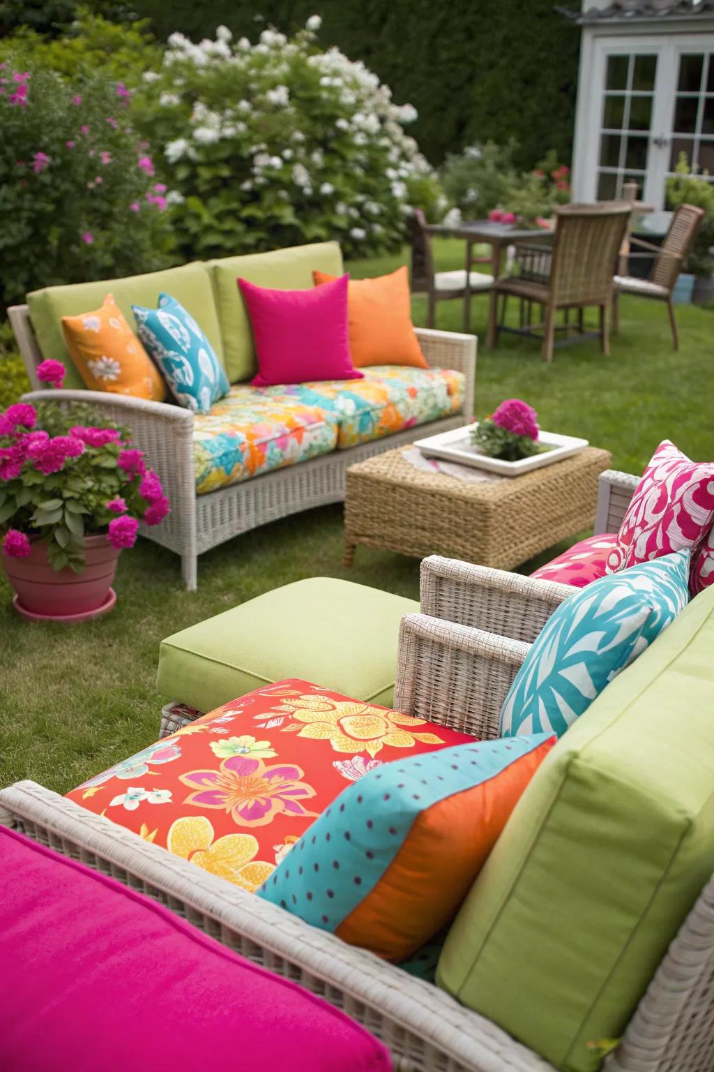 Add personality with colorful outdoor cushions.