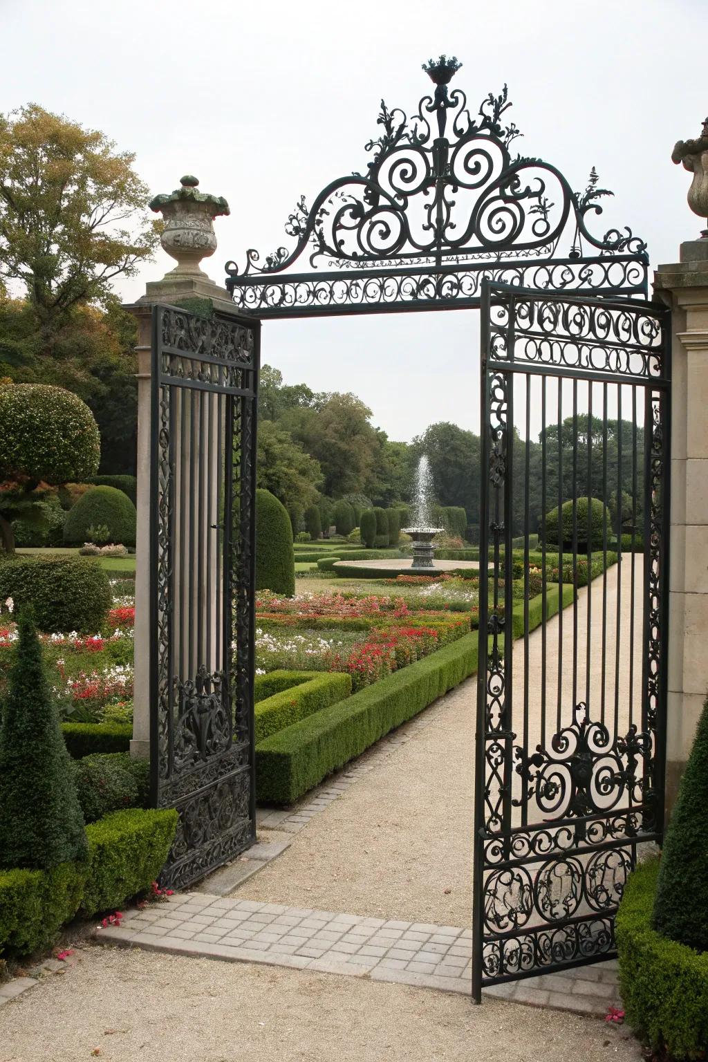 Wrought iron gates offer timeless elegance.