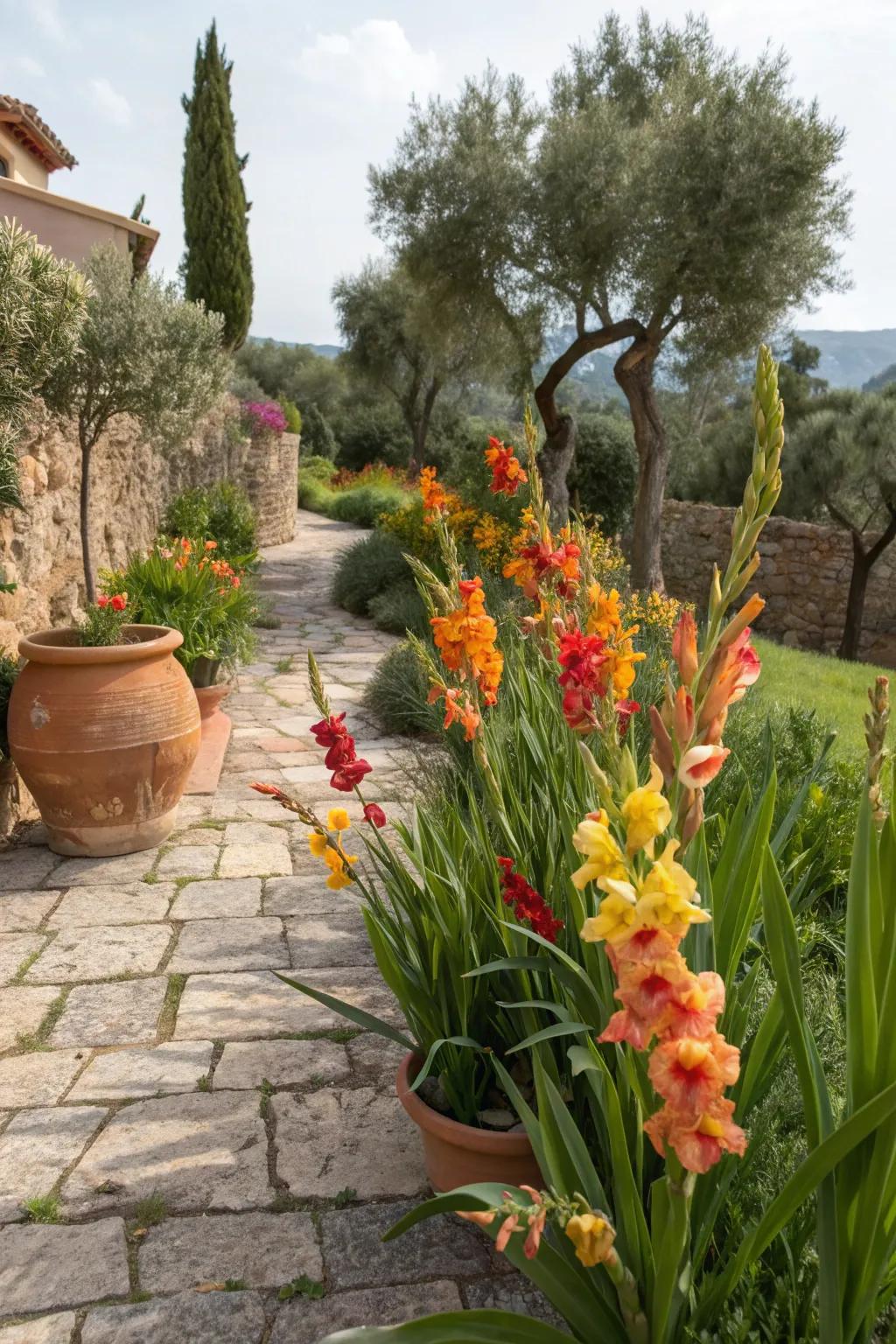 Mediterranean garden with warm-toned gladiolus.