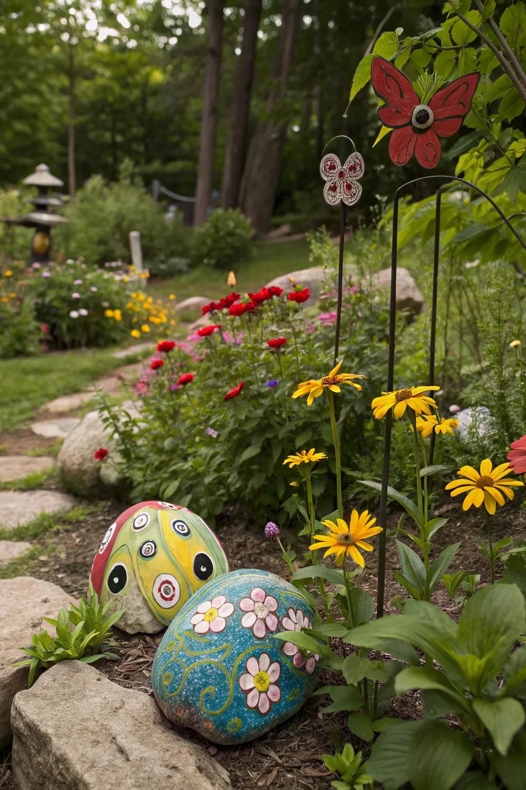 Garden art adds whimsical charm and creativity.
