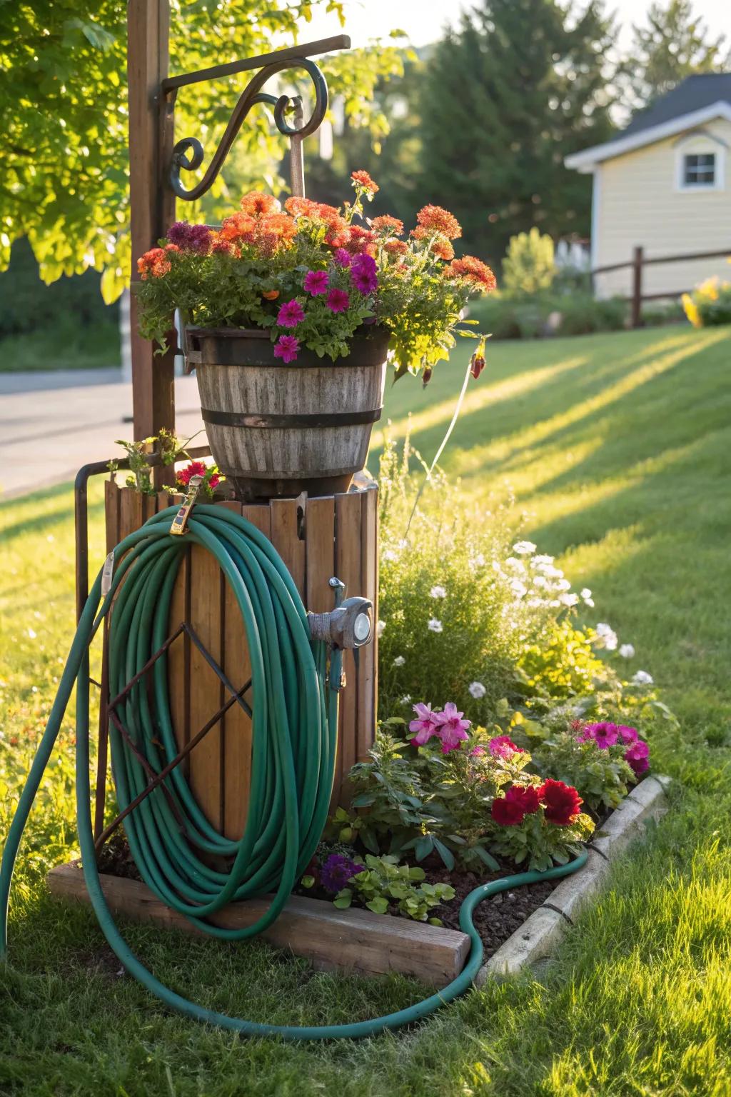 Planter holders bring together greenery and hose storage seamlessly.
