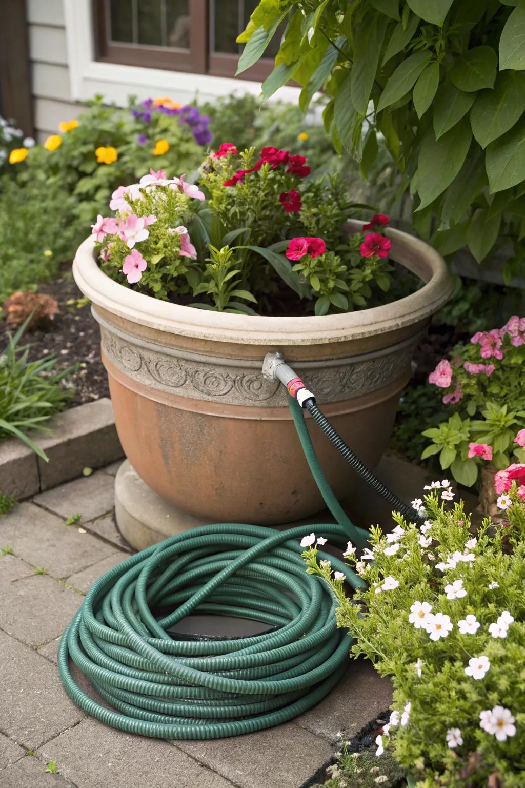 A clever flower pot solution for discreet hose storage.
