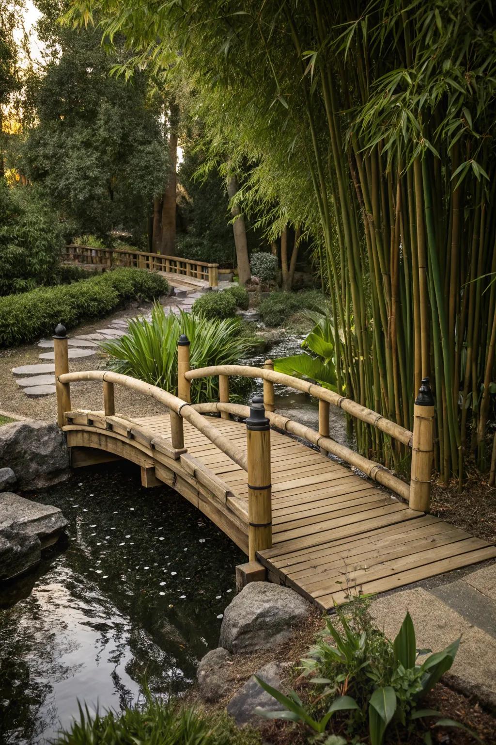 A bamboo bridge complements the eco-friendly garden setting.